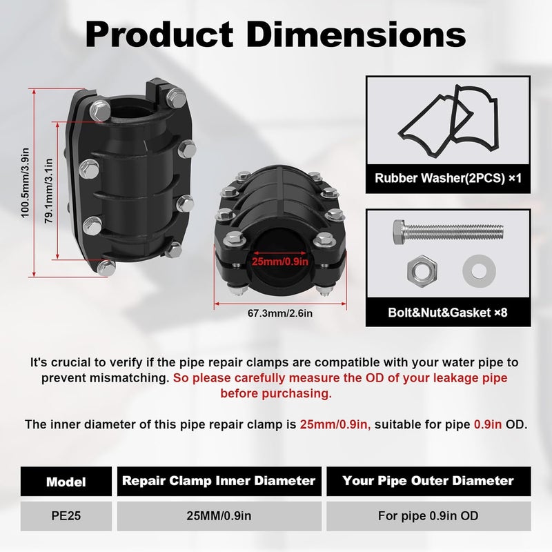 XDENGP Pipe Repair Clamp 1 inch, Water Pipe Leak Repair Clamp, Pipe Repair Kit for Plastic and Metal Pipes, Leak Stopper with Anti-Impact, Suitable for Pipes 25MM OD - Image 2